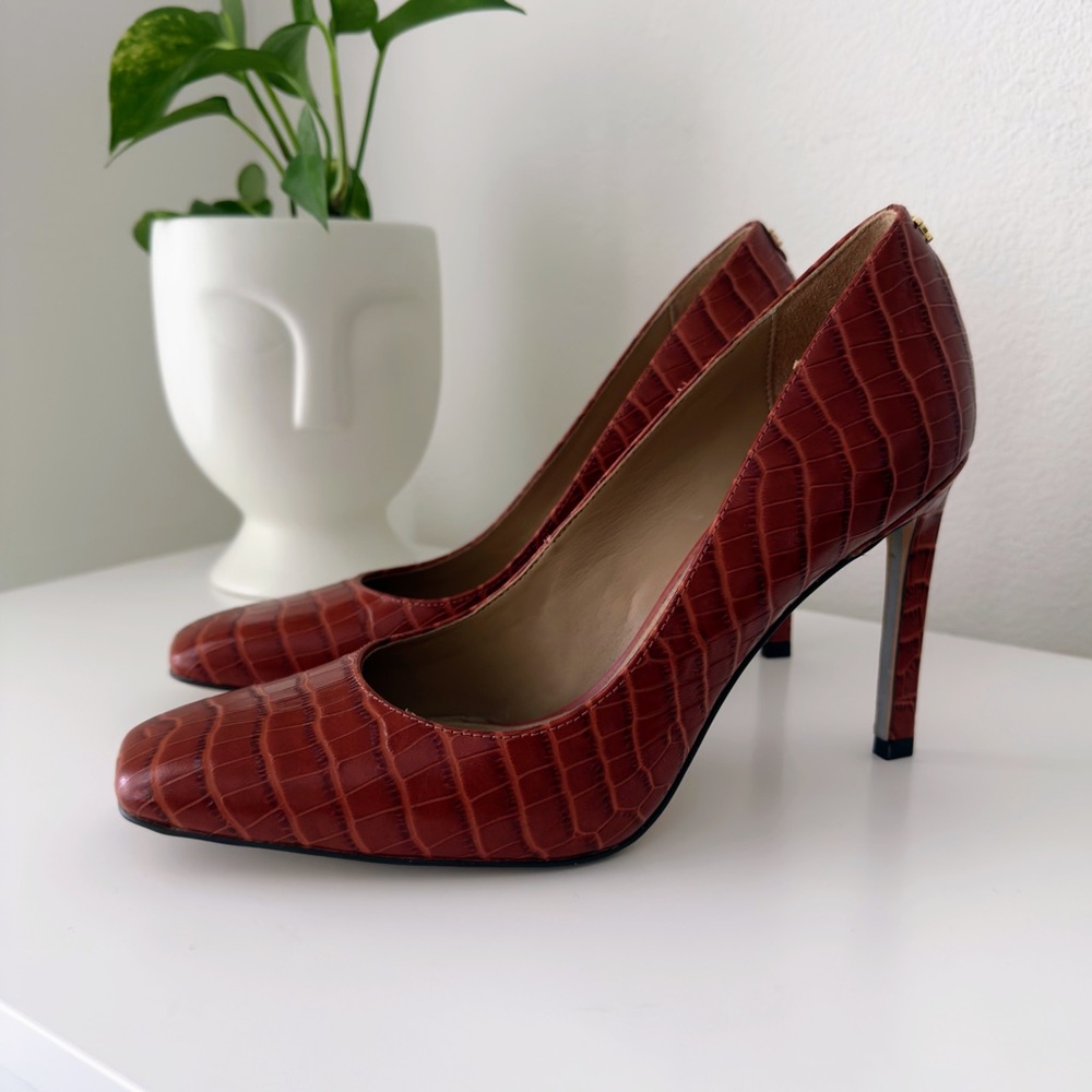 Sam Edelman Beth Cinnamon Croc Embossed Leather Square Toe Stiletto Heels 8